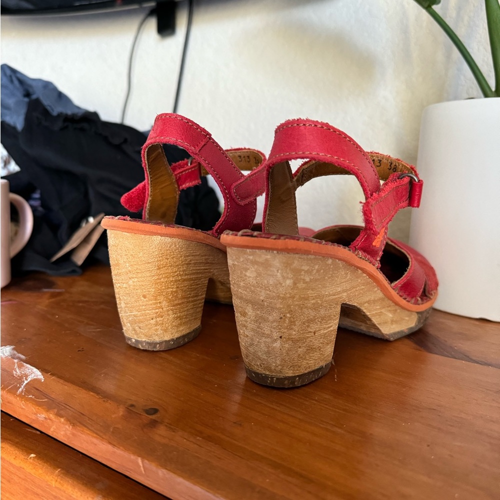 Red Leather Heels with Chunky Wooden Heel - Picture 4 of 12